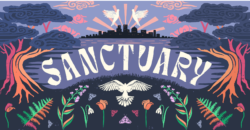 Illustration for creative mornings with birds, botanicals, and the word "sanctuary."