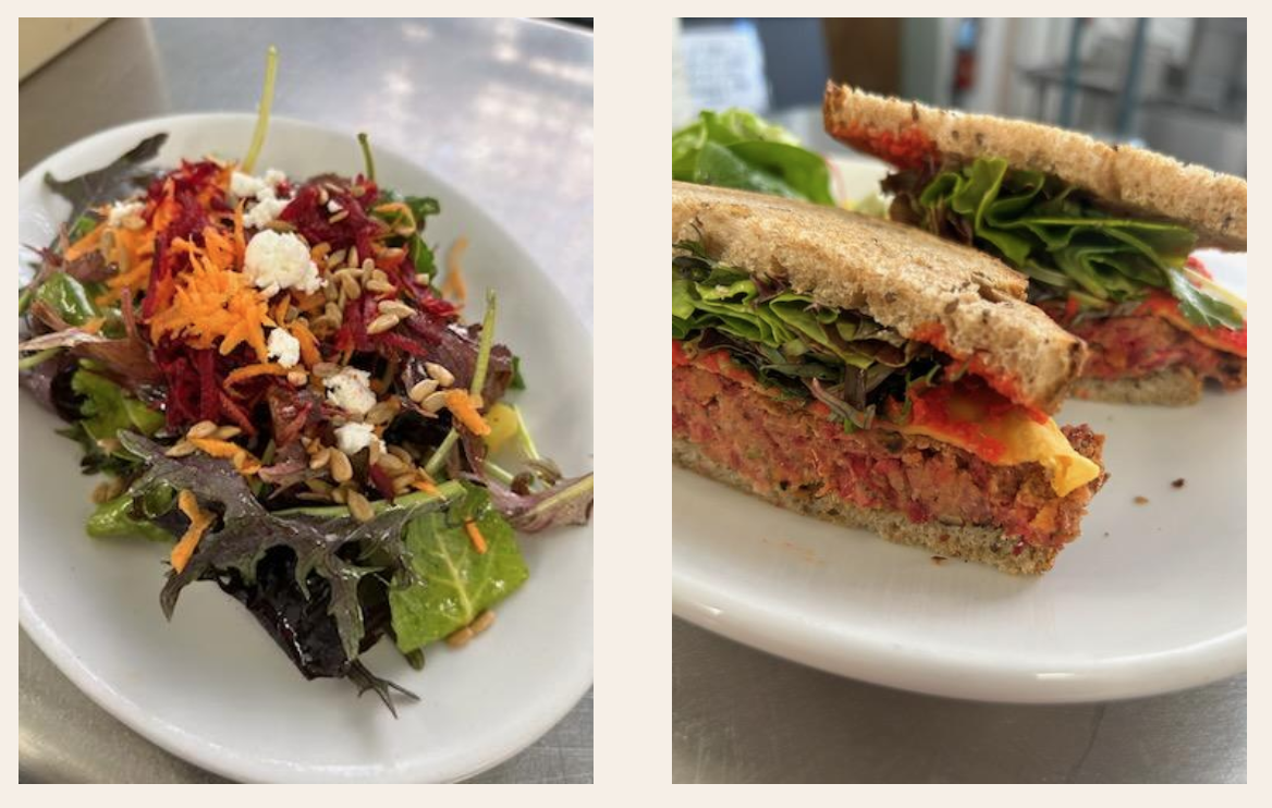 Images of a kale salad and a veggie burger sandwich.