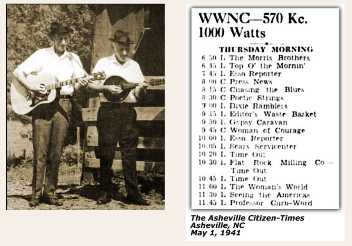Black and white photo of bluegrass musicians Wiley and Zeke Morris next to a WWNC radio program list.