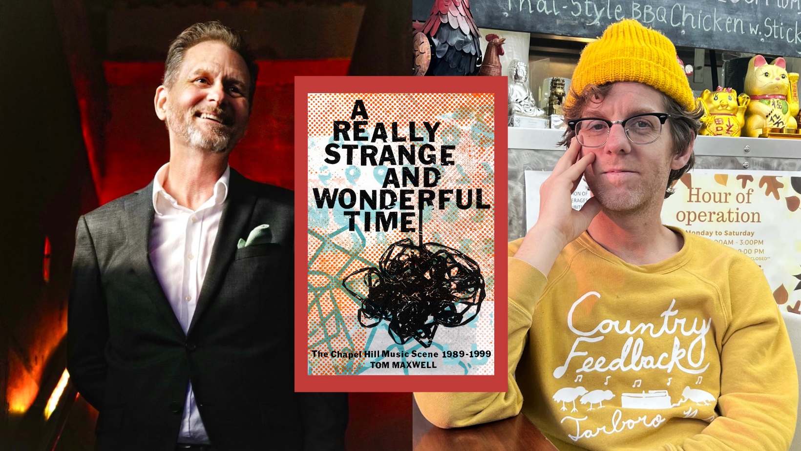 Collaged image of Tom Maxwell, his book "A Really Strange and Wonderful Time," and Mark Capon of Harvest Records.