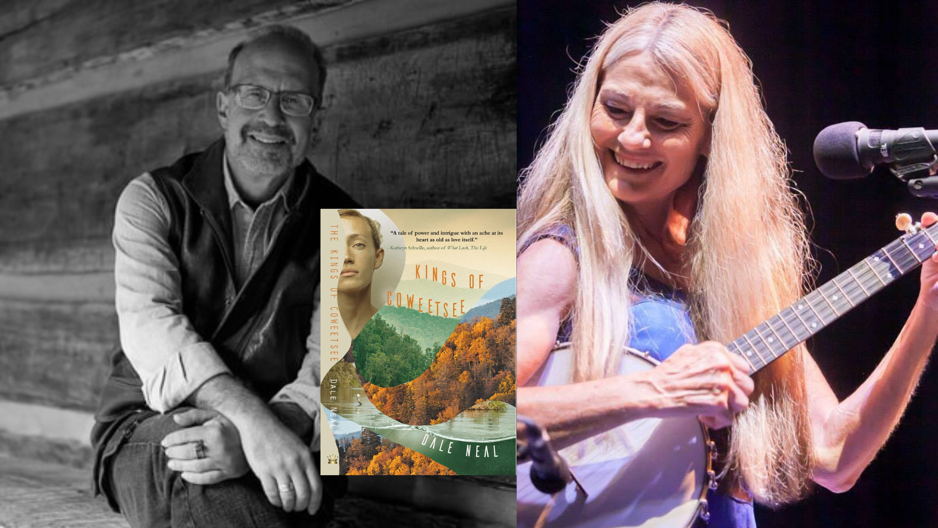 Author Dale Neal, left, next to an image of his forthcoming book cover, and musician Sheila Kay Adams holding a banjo/